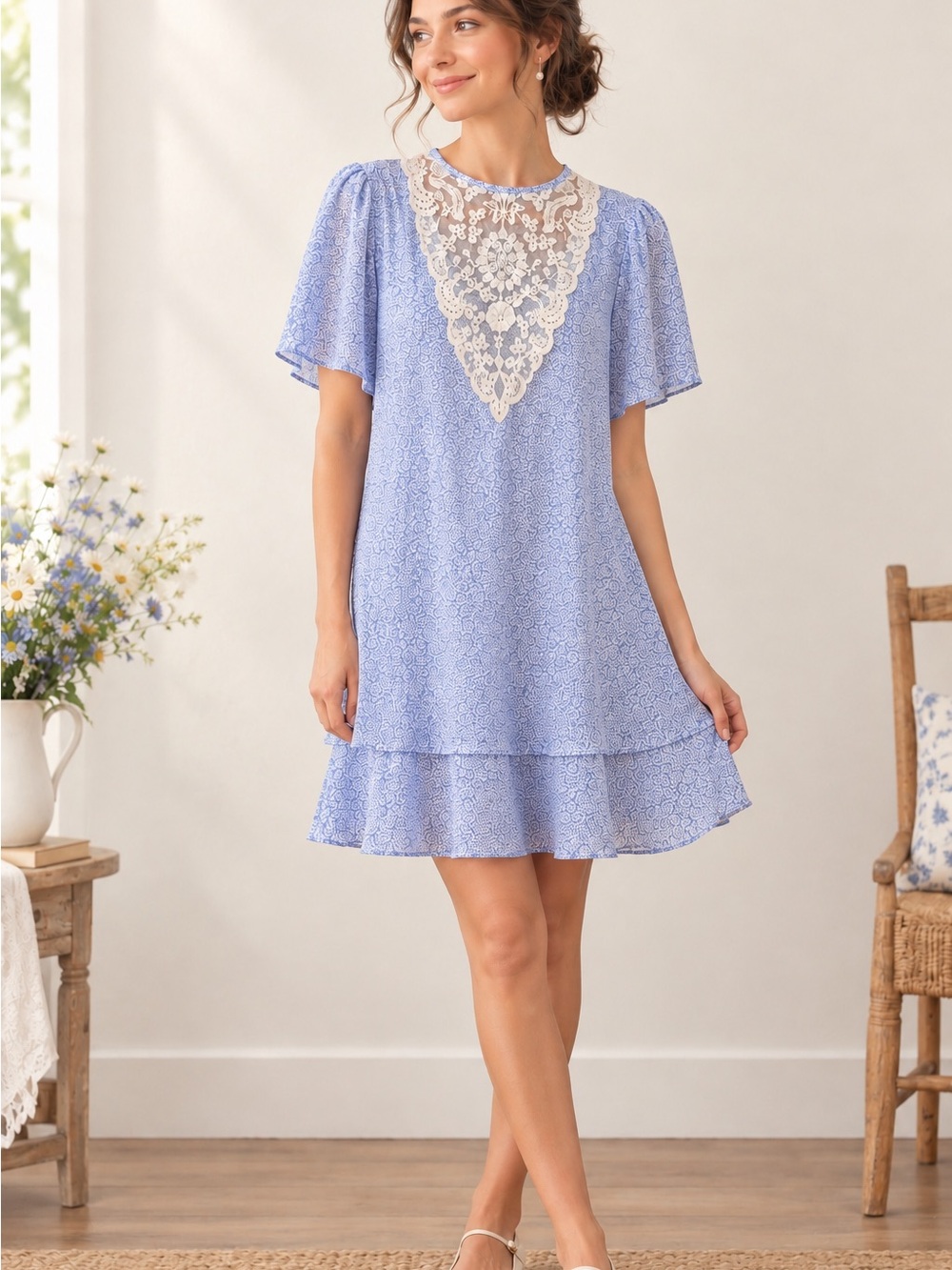 Vintage Korrigan Lace Yoke Tiered Mini Dress in Light Blue flowy retro cottage